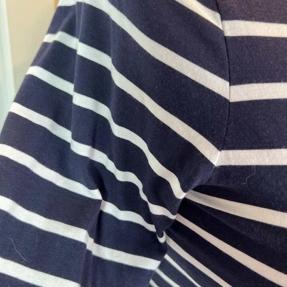 Chico's - Women's L Blouse Navy Blue White Striped Bell Cuffed Boat Neck